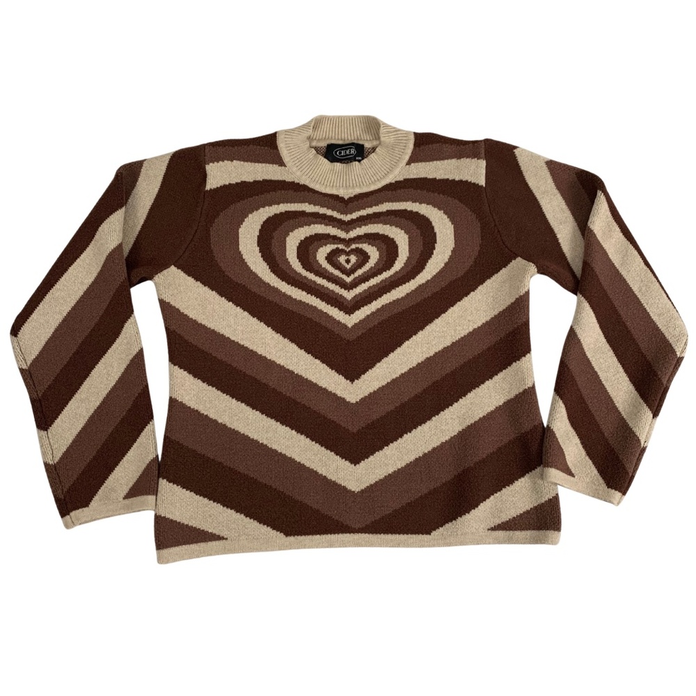 Brown and Tan Heart Wave Stripes Sweater XXL 90s Bohemian Cottagecore